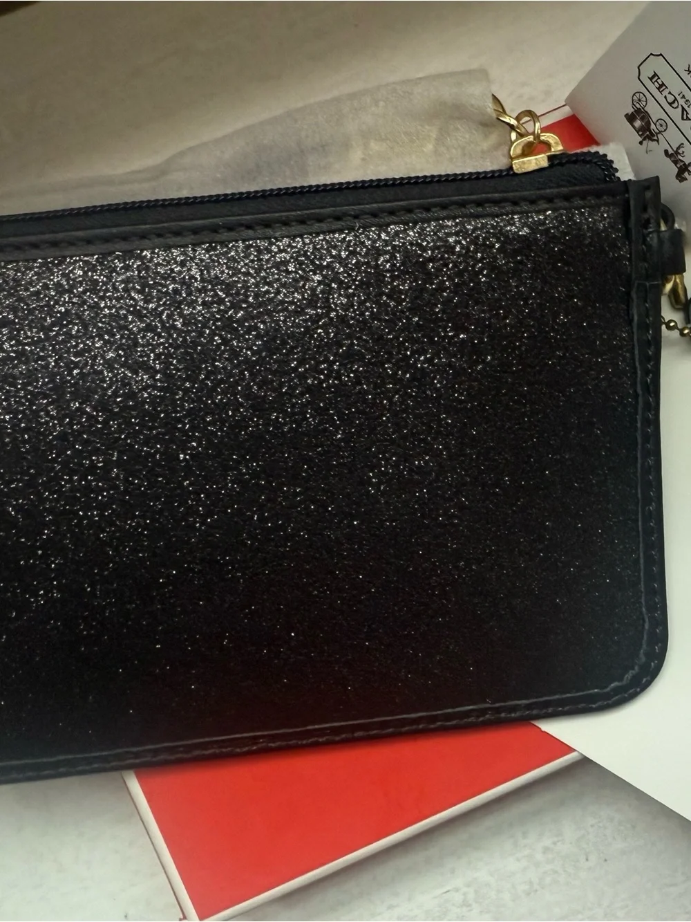 Vintage Coach Black Glitter Leather Wristlet with Gold Logo